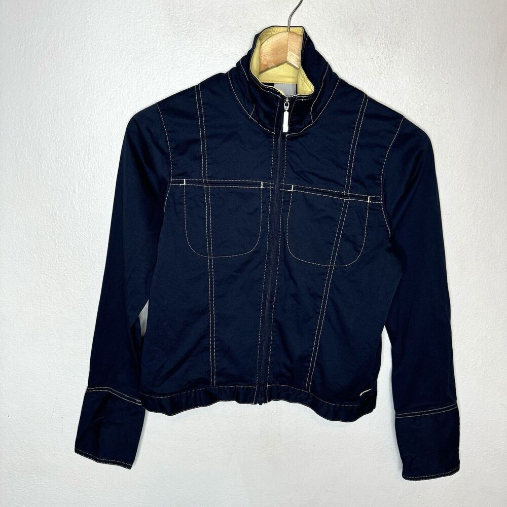 Nike Y2K Navy Blue Jacket Womens XS Yellow Collar Full Zip Mock Neck Snap Sleeve